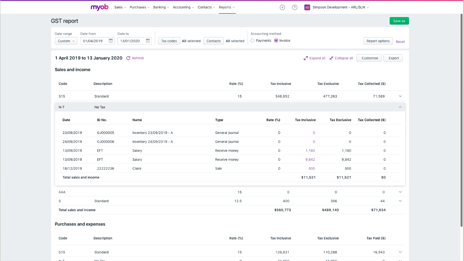 screenshot of MYOB Business